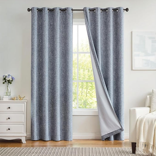 Indigo Solid Full Blackout Curtain Heavy Linen Texture Window Treatment for Bedroom Noise Reducing Thermal Weave Drapes 8 Grommets Top for Living Room with Liner, Navy Blue, 50" x 95", 2 Panels