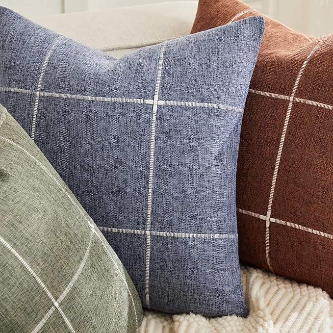 2 Packs Grid Embroidery Throw Pillow Covers, 20x20 Inch Terracota, Farmhouse Linen Decorative Terracota Cushion Covers for Sofa Bed Living Room Home Decor