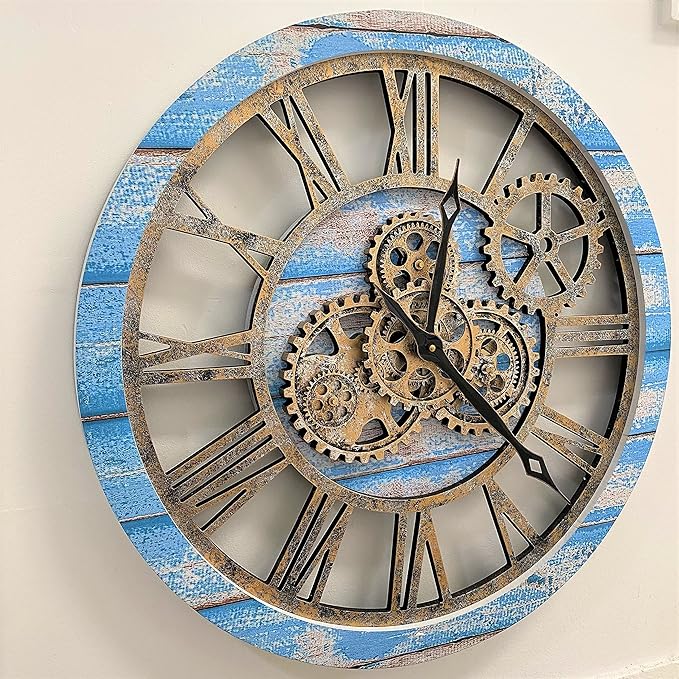 ImprovingLife The Gears Clock The Original Real Moving Gear Wall Clock Vintage Industrial Oversized Rustic Farmhouse (24 inch (60cm), Vintage Ocean Blue and Bronze)