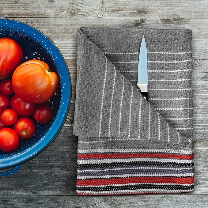 Urban Villa Kitchen Towels Waffle Stripes Dish Towels for Kitchen Grey Color Set of 6 Kitchen Towels Highly Absorbent Cotton Over Sized 20X30 in with Mitered Corners Kitchen Hand Tea Towels