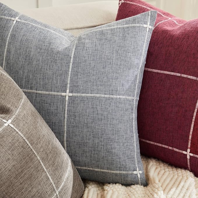 2 Packs Grid Embroidery Throw Pillow Covers, 20x20 Inch Blue Ashes, Farmhouse Linen Decorative Blue Ashes Cushion Covers for Sofa Bed Living Room Home Decor