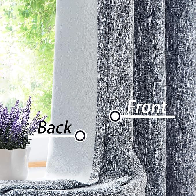 Indigo Solid Full Blackout Curtain Heavy Linen Texture Window Treatment for Bedroom Noise Reducing Thermal Weave Drapes 8 Grommets Top for Living Room with Liner, Navy Blue, 50" x 95", 2 Panels