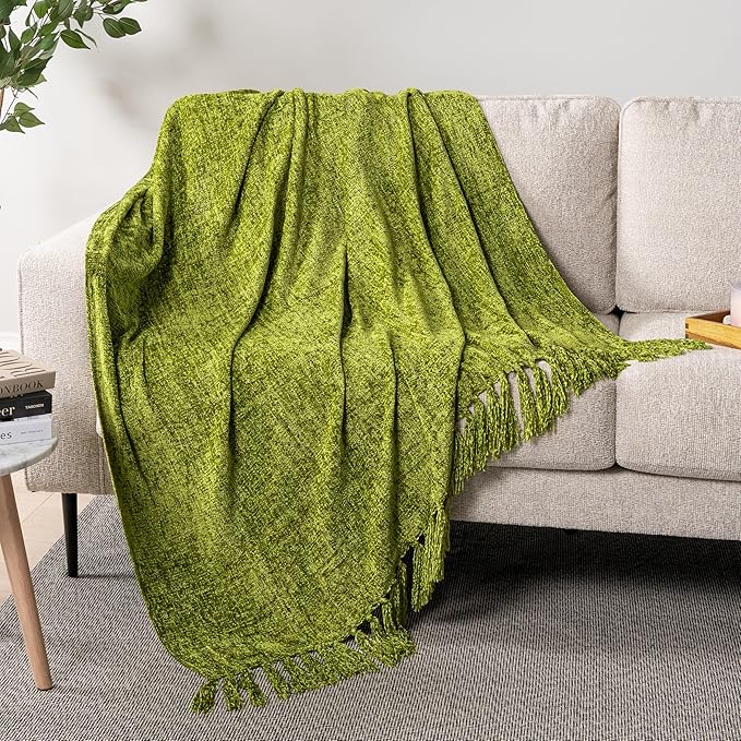 PAVILIA Olive Green Chenille Throw Blanket for Couch Sofa, Soft Olive Knit Throw with Tassel, Decorative Blanket for Bed Chair Living Room, Olive Green 50x60