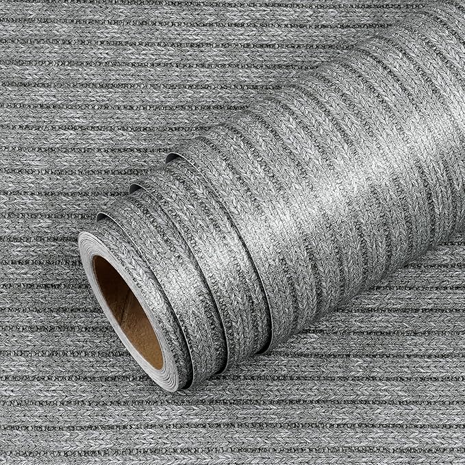 Livelynine 15.8x197 Gray Striped Peel and Stick Wallpaper Dark Grey Fabric Stick on Textured Wall Paper for Bedroom Accent Wall Self Adhesive Decorative Contact Paper for Cabinets Shelves Vinyl Wrap