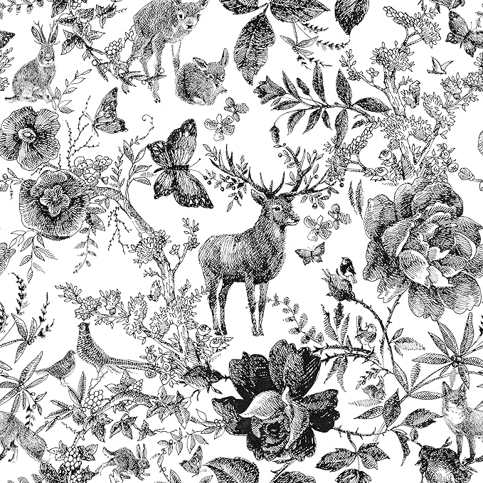 Black and White Vinyl Wallpaper, Removable Floral Wallpaper, 118.1''X17.71'', 14.5 sq.ft, Furniture Wall Shelf Drawer Liner