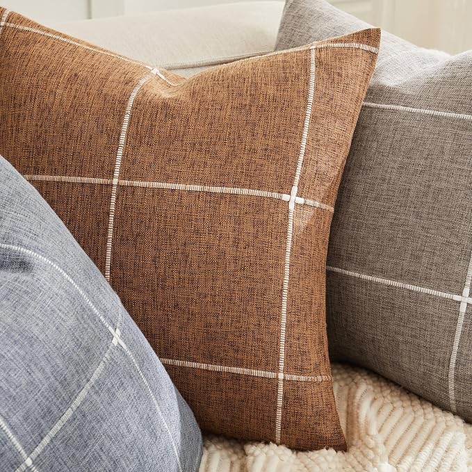 2 Packs Grid Embroidery Throw Pillow Covers, 18x18 Inch Caramel, Farmhouse Linen Decorative Caramel Cushion Covers for Sofa Bed Living Room Home Decor